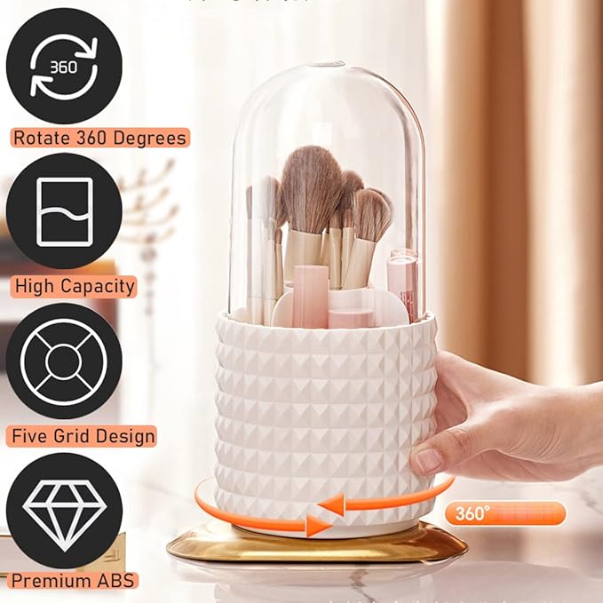 Makeup Brush Holder Organizer with Lid,360?? Rotating Dustproof Make Up Brushes Container with Clear Acrylic Cover, Spinning Cosmetics Holders Storage Cup with 5 Compartment for Vanity and Bathroom