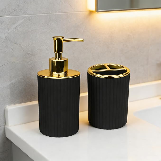 Bathroom Accessories Set, 2-Piece Black & Gold Soap Dispenser & Toothbrush Holder, Modern ABS Vanity Organizer for Countertop, Minimalist Bathroom Decor