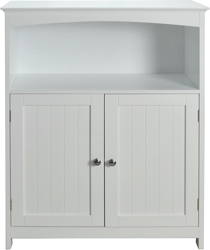 Beadboard Double Door Multi Room Freestanding Floor Cabinet, Open Top Shelf With Arched Accent, Adjustable Center Shelf, 25 Inch Width x 12 Inch Depth x 33 Inch Tall, White Semi Gloss Enamel Finish