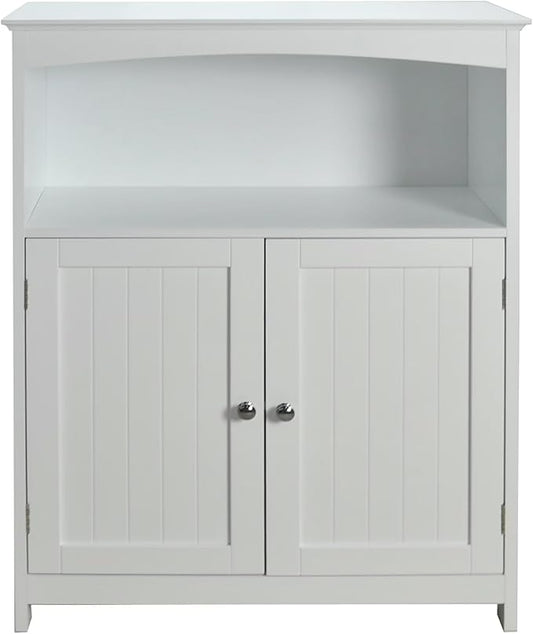 Beadboard Double Door Multi Room Freestanding Floor Cabinet, Open Top Shelf With Arched Accent, Adjustable Center Shelf, 25 Inch Width x 12 Inch Depth x 33 Inch Tall, White Semi Gloss Enamel Finish
