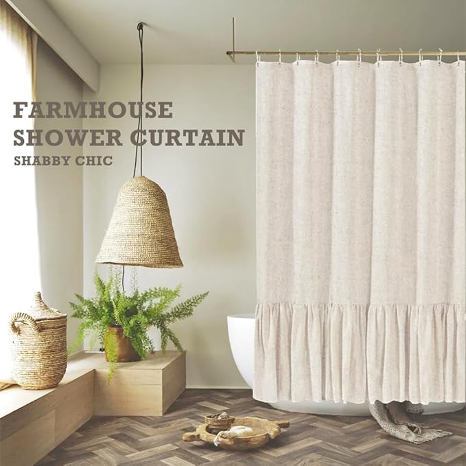 Felisa Farmhouse Shower Curtain with A Ruffle Hem, Linen Blend Textured Shower Curtain for Bathroom,Natural,72"x72"