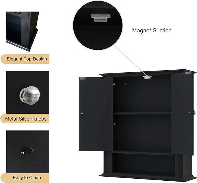 Bathroom Cabinet Wall Mounted| Over the Toilet Storage Cabinet with 2 Doors & Adjustable Shelf, Hanging Wall Cabinet, Upper Cabinet Storage Cupboard for Bathroom,Kitchen,Laundry Room, Black