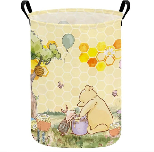 Greatingreat Winnie Foldable Laundry Hamper, Circular Canvas Storage Basket with PE Coating, Collapsible Clothes Organizer for Home, Nursery, and Bedroom (Yellow)
