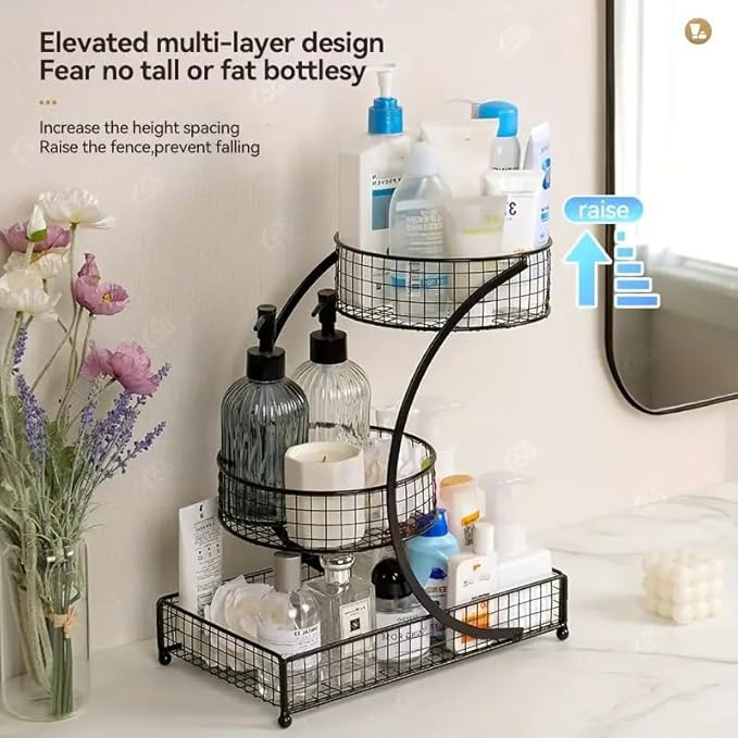 3-Tier Metal Cosmetic Organizer,Cosmetic Storage Rack for Vanity Tables,Multipurpose Metal Bathroom Organizers and Storage, Home and Office use Countertop Organizer (Round-Black)