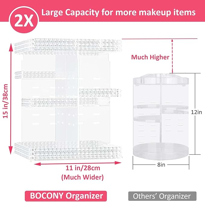 Rotating Makeup Organizer, Large Capacity Cosmetic Display Case, Acrylic Skincare Organizer with Makeup Brush, Makeup Storage Organizer for Dresser Countertop and Bathroom Vanity - Clear