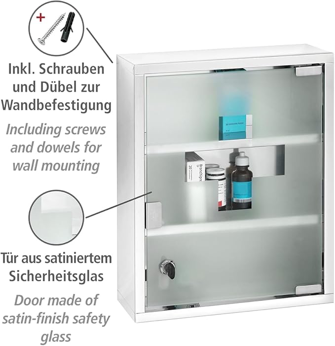 WENKO Medicine Cabinets with Lock, Wall Mounted Over The Toilet Storage Shelves, First Aid Bathroom Wall Cabinet with Safety Glass Door, Medium, 11.8 x 15.7 x 4.7 in, Silver Shiny