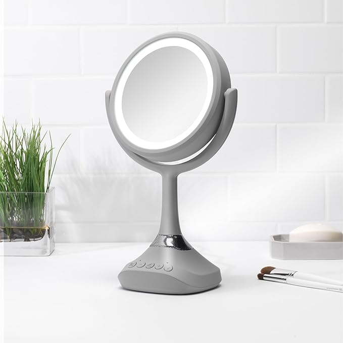 Homewerks 76-101-BT 7.5-inch Personal Makeup Mirror with Bluetooth Speakers and LED Lighting, Handheld Bluetooth Vanity Mirror with Lights for Bathrooms, Bedrooms, or Dorm Room Essentials