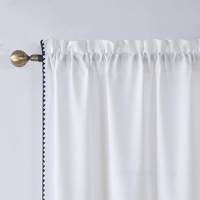 Arlene Blue Stitched Embroidery Edge Boho Window Curtain,White Tassel Panel Pair, Each 42" W x 84" L,Total 84" W x 84" L