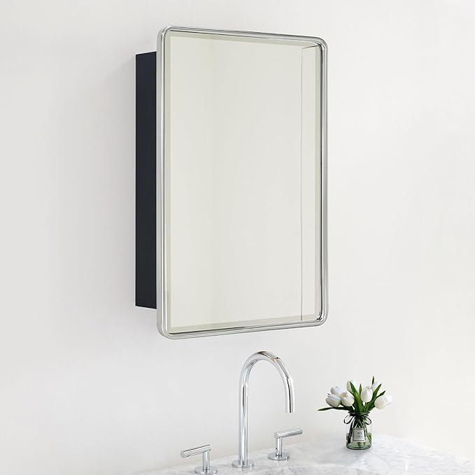 TEHOME Surface Mount 16x24 Brushed Nickel Bathroom Medicine Cabinet with Mirror Metal Framed Rounded Rectangle Medicine Cabinet with Beveled Mirror
