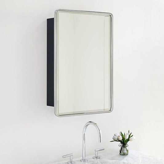 TEHOME Surface Mount 16x24 Brushed Nickel Bathroom Medicine Cabinet with Mirror Metal Framed Rounded Rectangle Medicine Cabinet with Beveled Mirror