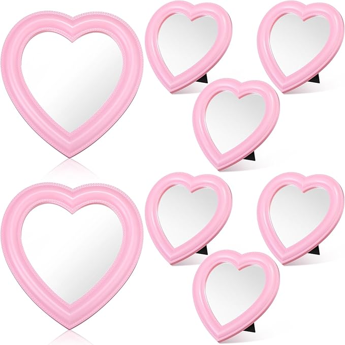 GlikCeil 8 Pcs Spa Party Supplies 8 Heart Mirror Pink Makeup Mirror for Women Sleepover Party Spa Slumber Birthday Favor