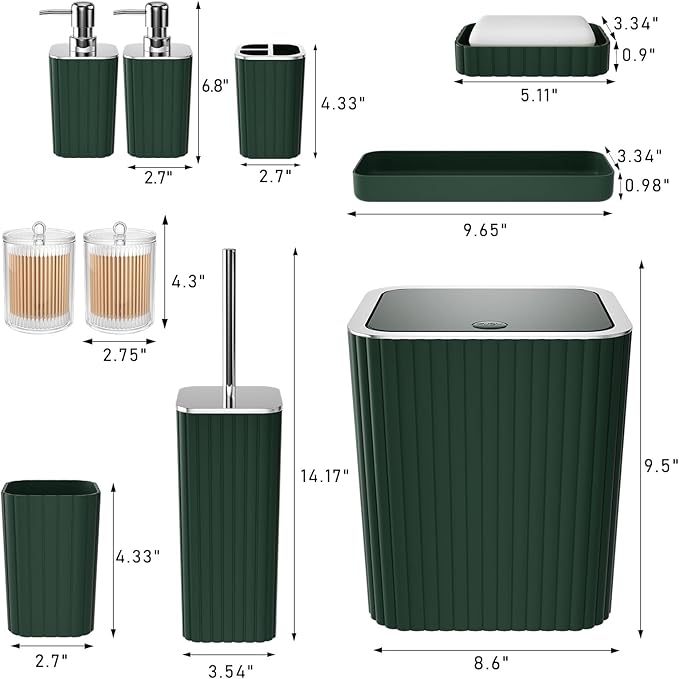XLHOMO Bathroom Accessories Set - Gorgeous Green Bathroom Set, 10PC Green Bathroom Accessory Set, Bathroom Sets with Toilet Brush, Bathroom Trash Can
