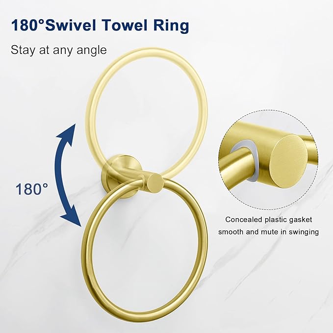 NearMoon 3 Pieces Bathroom Hardware Set, Bath Towel Ring and 2 Towel Hooks- Stainless Steel Hand Towel Hanger and Robe Hooks Accessories, Wall Mounted (Brushed Gold)