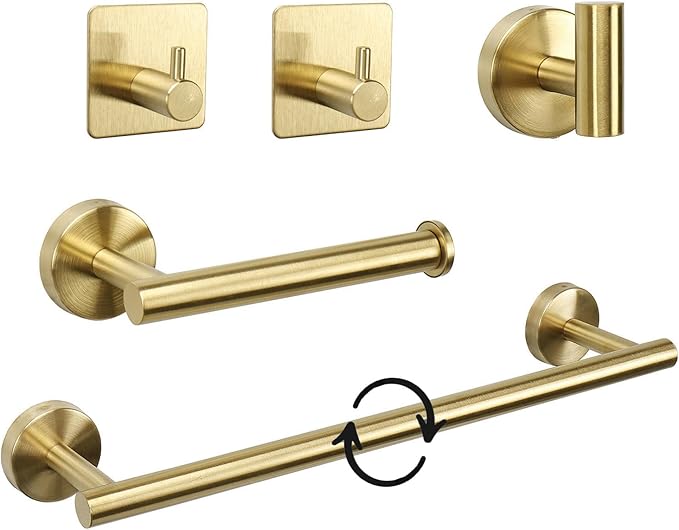 TocTen Bathroom Hardware Set, Thick Stainless Steel Bath Towel Bar Set Including Towel Rack for Bathroom+Toilet Paper Holder+3 Robe Towel Hooks Wall Mount Bathroom Accessory Set(24IN,Brushed Gold)