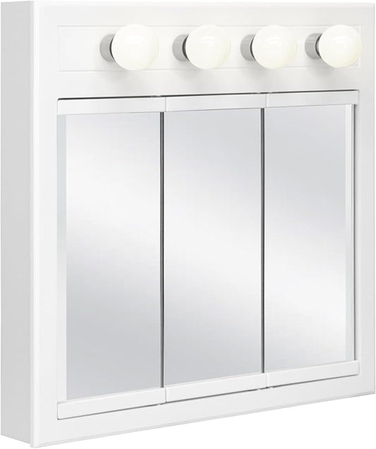 Design House Concord Medicine Cabinet, 3 Mirrored Doors, Pre-Assembled, Surface Mount, 4 Lights, White Wood Frame Wall Cabinet, 30 in W x 5 in D x 30 in H, 532382-WHT