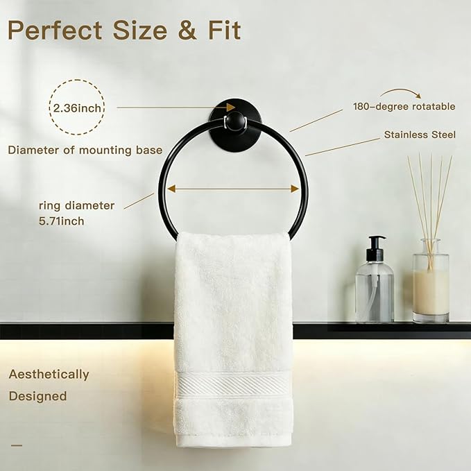Besteffie Adhesive Towel Ring Self Adhesive Hand Towel Ring Stainless Steel Rustproof Bathroom Towel Holder Wall Mount SUS 304 Stainless Steel Matte Black,Bathroom Hand Towel Holder