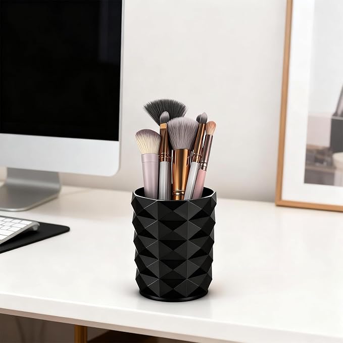 Acrylic Makeup Brush Holder Organizer, Black Makeup Brush Organizer, Stylish Pencil Holder for Desk, Cosmetics Brushes Cup Storage with Texture, Desk Accessories for Office, School, Home