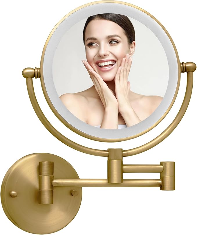 Antique Brass Rechargeable Wall Mounted Makeup Mirror, 1X/10X Magnifying Mirror for Bathroom, 8 Inch 2 Sided 360 Swivel Extendable Arm Vanity Shaving Mirror for Bathroom