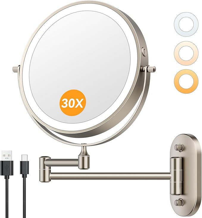 Auxmir 1X/30X Wall Mounted Lighted Makeup Mirror, 8" 3200 mAh Rechargeable Double-Sided Magnifying Mirror, Touch Dimmable 3 Color Lights, 360° Rotating Foldable 14.5" Extension Arm, Brushed Nickel