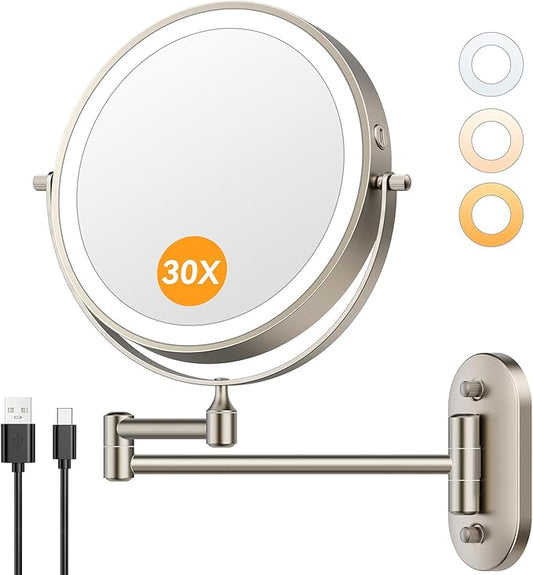 Auxmir 1X/30X Wall Mounted Lighted Makeup Mirror, 8" 3200 mAh Rechargeable Double-Sided Magnifying Mirror, Touch Dimmable 3 Color Lights, 360° Rotating Foldable 14.5" Extension Arm, Brushed Nickel