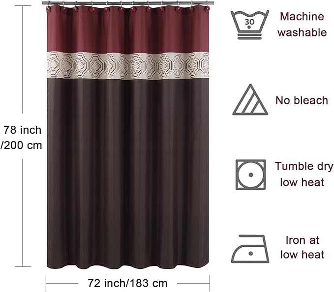 Long Fabric Shower Curtain - Brown and Burgundy Shower Curtains for Bathroom, Chocolate and Red Color Block Waterproof Bathroom Curtains - 72" W x 78" H