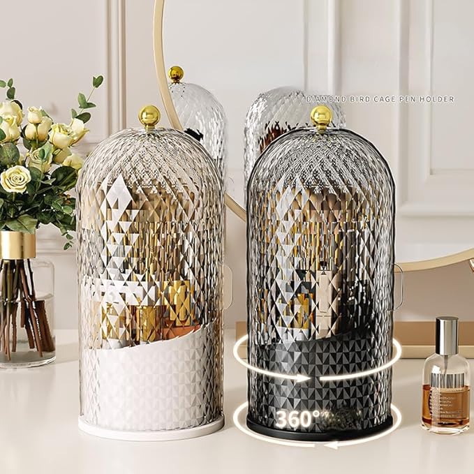 Makeup Brush Holder Organizer with 360° Rotating Lid Dustproof Makeup Brushes Organizer for Vanity Desktop Bathroom Countertop Clear Cover Easy Visibility (Black)