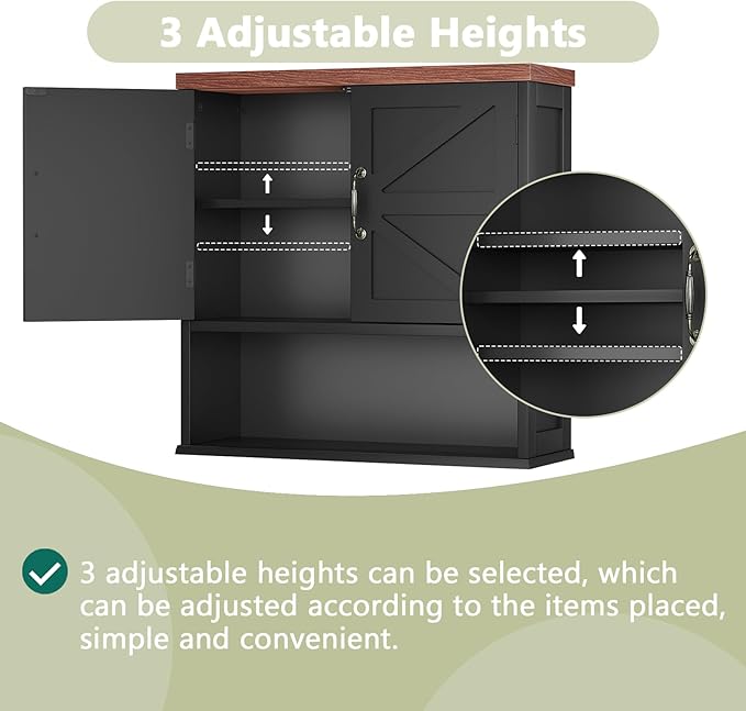 Smuxee Farmhouse Bathroom Cabinet Wall Mounted, Black Medicine Cabinet with Adjustable Shelf, Bathroom Cabinet for Living Room, Laundry Room