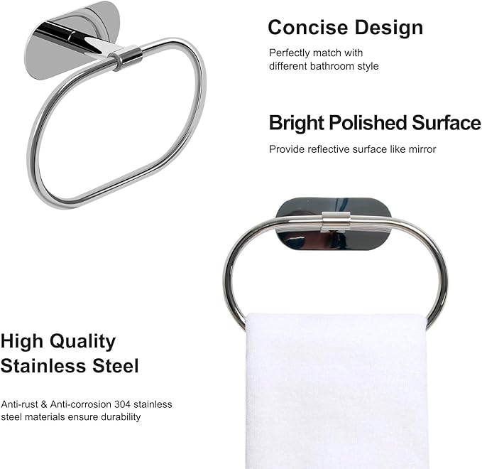HouseAid Self Adhesive Towel Ring for Bathroom, Stainless Steel Adhesive Hand Towel Holder, No Drilling Modern Hand Towel Hanger, Polished Chrome