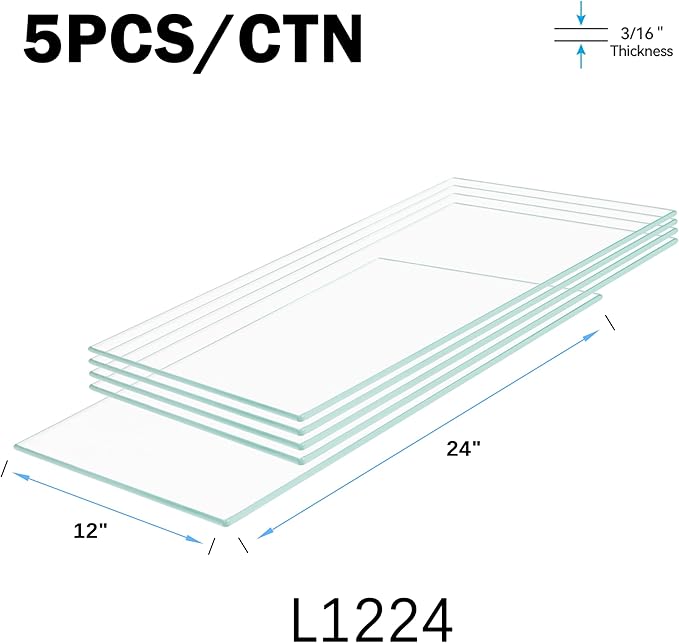 12" x 24" 5-PCS Tempered Glass Shelf, Rectangular Frameless Glass Shelves - 3/16" Thick, Suitable for Bookshelves, Display Cases, Retail Fixtures and Tabletops