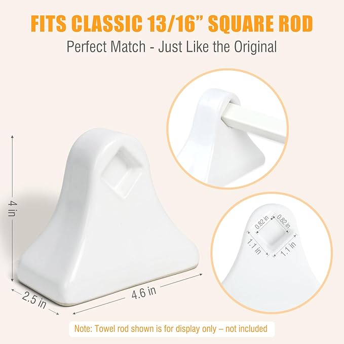 2 Pcs Flat Back Ceramic Towel Bar Holder Brackets for Any Wall, Porcelain Replacement Towel Rack for Bathroom, Kitchen (White, Rod not Included)