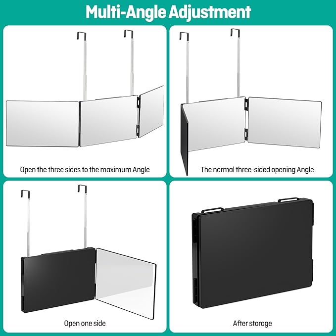 3 Way Mirror for Self Hair Cutting，Tri-Fold Makeup Mirror，360°View with Height AdjustableHooks Anti-Fog HD Glass forShaving, Braiding, DyeHair, Travel Friendly Grooming Tool,Good Choice for Gifts