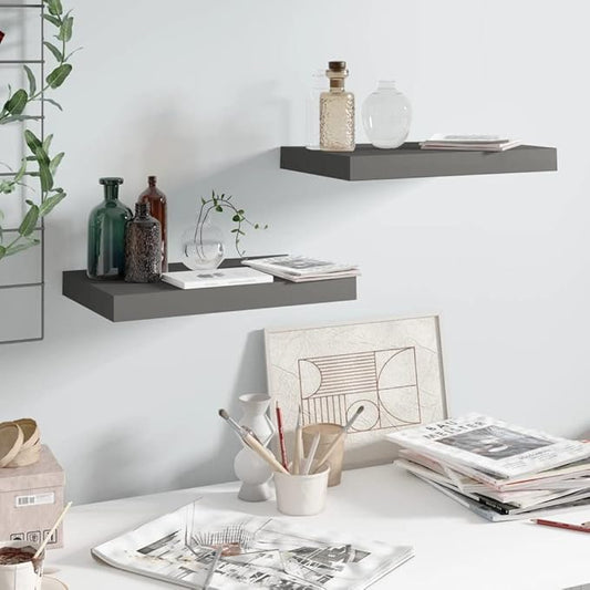 Floating Wall Shelves 2 Pack High Gloss Gray Modern Display Rack with Invisible Mounting System for Home Decor, Living Room, Office, 15.7x9.1 Inches, Holds 11lb Each