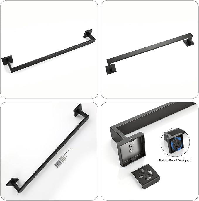 Bathroom Towel Bar Set, 23.6 Inch Wall Mounted Rack, 304 Stainless Steel, Matte Black, D-Shape, 2-Piece Set (Matte Black)