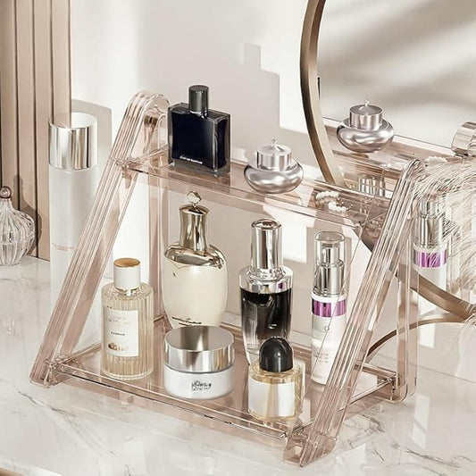 FYBREEK Tea Brown Foldable Perfume Organizer,Makeup Organizer,Clear Acrylic Double Layer Display Stand, Waterproof Cosmetic Storage Rack for Bathroom Vanity Countertop (1PC)