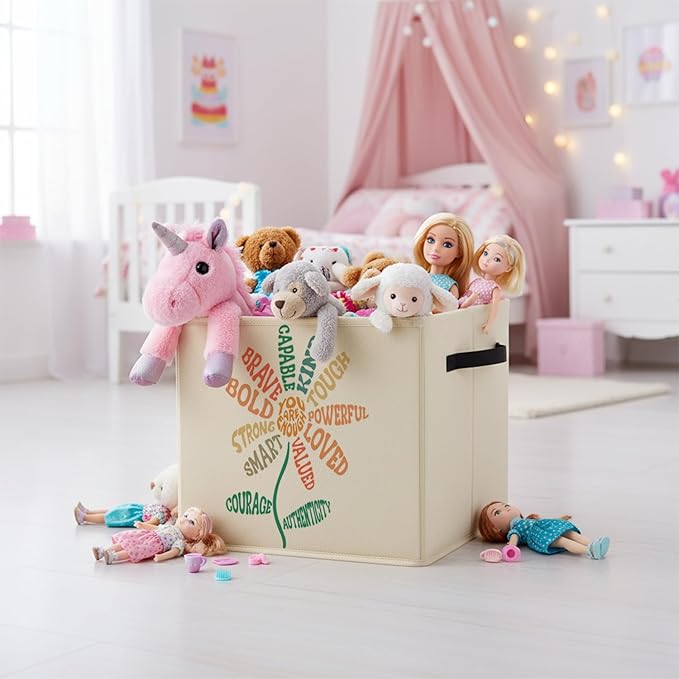 Inspirational Boho Floral Storage Bin Box with Handles, You Are Enough Positive Foldable Baskets Organizer for Kids Room Bedroom Bathroom Clothes Toys Books, Toybox for Girls