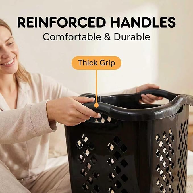 2-Pack Plastic Laundry Hamper, 2 Bushel Large Laundry Basket with Silver Carry Handles, Easy Carry Dirty Clothes Hamper Bin for Home & Apartment