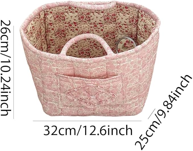 Quilted Fabric Storage Basket Boho Floral Laundry Baskets with Handles Collapsible Quilted Soft Basket for Car, Clothes, Toys Storage