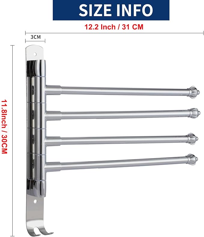 Bathroom Towel Rack Swivel Hanger Towel Bar Wall Mounted Space Saving Storage Organizer Hanging Holder 12 Inch (Stainless Steel, Bright Silver 4-Arm)