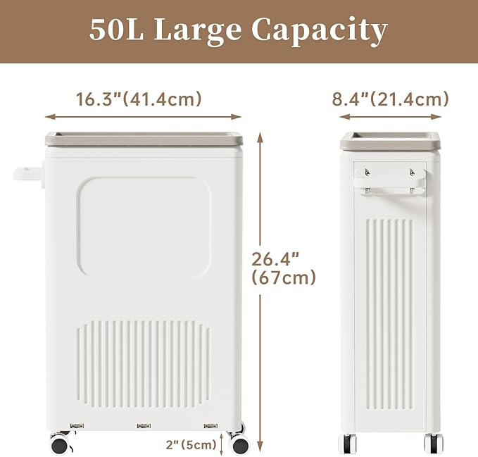HAIXIN HOME Slim Laundry Hamper with Lid, 50L Plastic Tall Laundry Basket with Wheels, Compact Size for Narrow Space, Rolling Laundry Cart with Handle for Easy Transport to Laundry Room