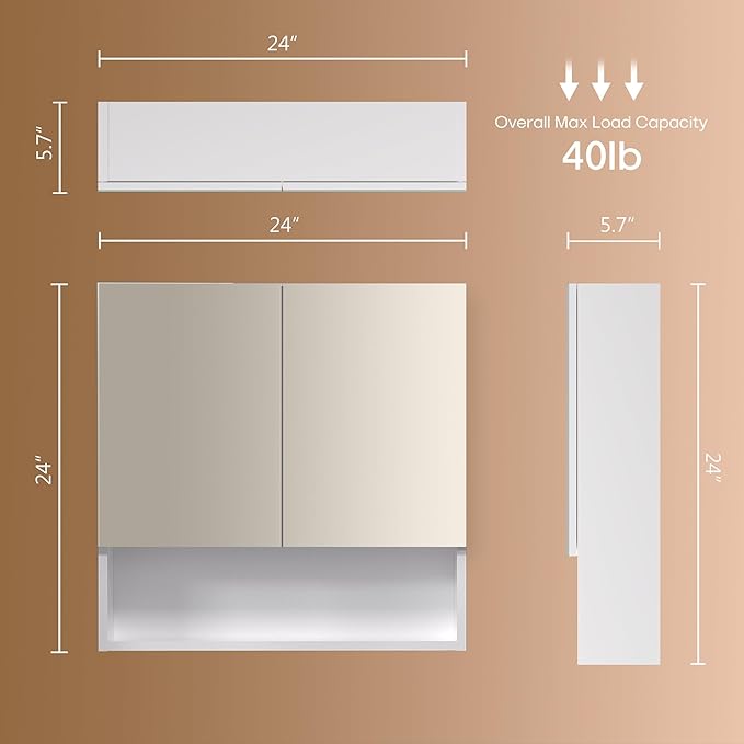 Bathroom Cabinet with Mirror, Wall Cabinet with 2 Mirrored Doors, Adjustable Shelf, Open Compartment, Wall-Mounted, 24x24 Inches, White (Assembly Required)