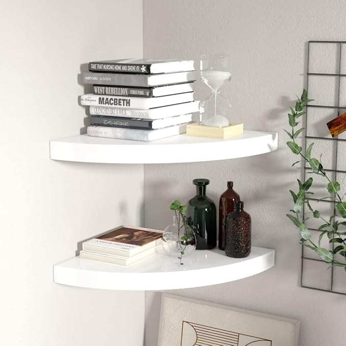 Floating Corner Shelves 2-Pack 13.8x13.8x1.5 Inch High Gloss White Honeycomb MDF Wall Shelves with Invisible Mount for Bathroom, Living Room, Bedroom Storage and Decor