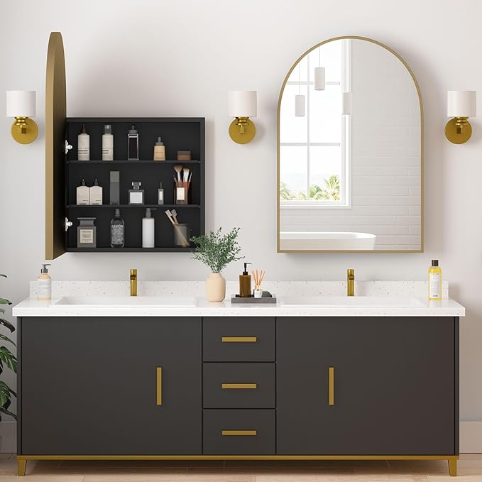 Medicine Cabinets for Bathroom, Brush Gold Arched Medicine Cabinet Recessed or Surface Wall-Mounted,Modern Bathroom Vanity Mirror with Storage, Mirrored Cabinet with Adjustable Shelves,20x30 Inch