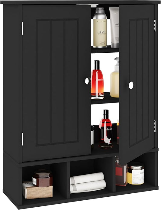 Bathroom Medicine Cabinet 2 Doors with 3 Open Shelves, Over The Toilet Storage Wall Mounted Medicine Cabinet with Adjustable Partitions，Home Cabinet for Bathroom,Living Room,Kitchen,Black