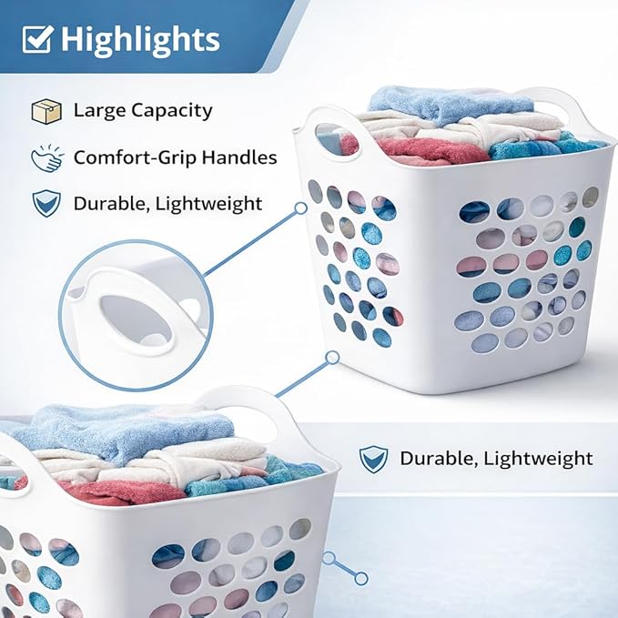 Flexible Square Laundry Hamper, Plastic Clothes Storage Basket with Handles, Breathable Design for Bedroom, Bathroom, Dorm or Laundry Room