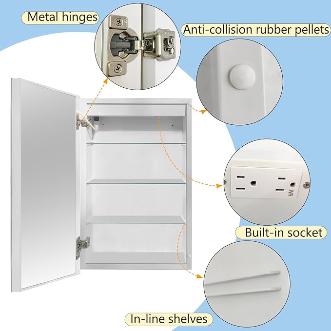 Smart Lighted Medicine Cabinet with Anti-Fog Mirror-16x26 Inch, Dimmable LED, Touch Control, 3 Glass Shelves,Recessed or Surface Mount Bathroom Storage