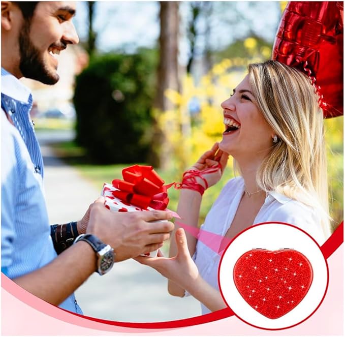 Red Heart Shaped Compact Mirror for Purse,1x/2x Magnification Cute Travel Mirror with Glitter,2.76 inch Double-Sided Mini Folding Mirror,Small Pocket Mirror for Gift,Travel Essentials