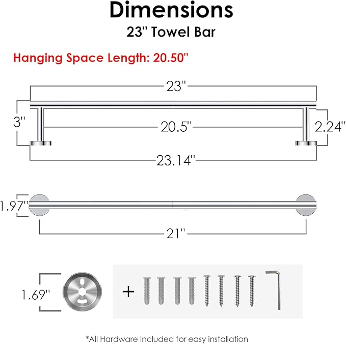 FORIOUS Towel Bar Wall Mounted, Stainless Steel Towel Racks for Bathroom 23 Inch, Includes Wall Mounting Hardware (Chrome, Hanging Space 21 Inch)