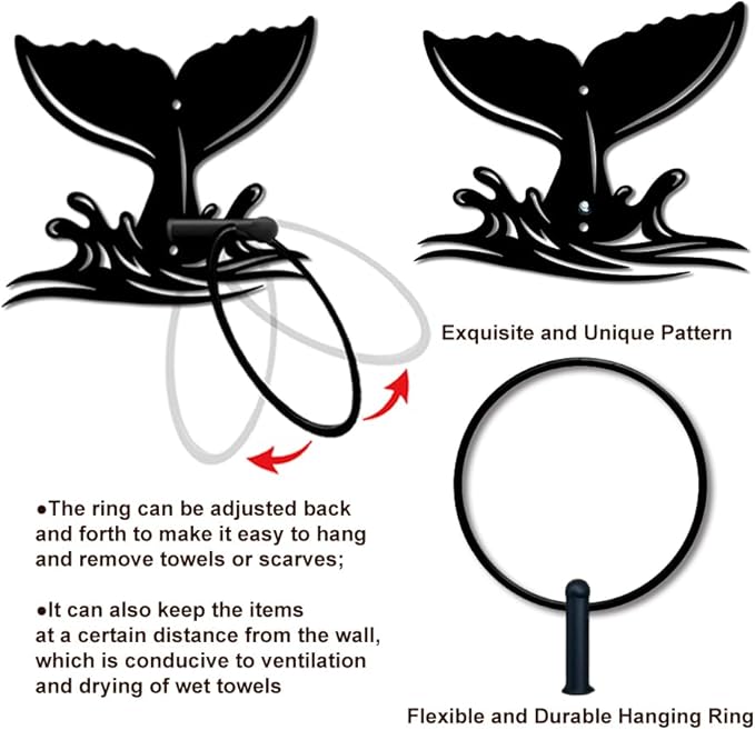 MAYJOYDIY Whale Tail Metal Towel Ring Round Fish Tail Hand Towel Holder Ocean Ring Hanger Wall Mount Black Vintage Towels Wall Organizer for Kitchen Bath Home Laundry Room Decors Gifts