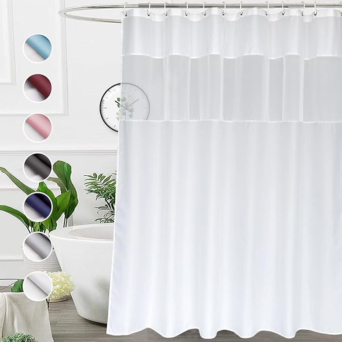 UFRIDAY Long White 72x78 inches Shower Curtain with Mesh Window, Washable Fabric Shower Curtain for Bathroom Sets,Weighted Bottom Hem, 72 x 78 Inch, Modern