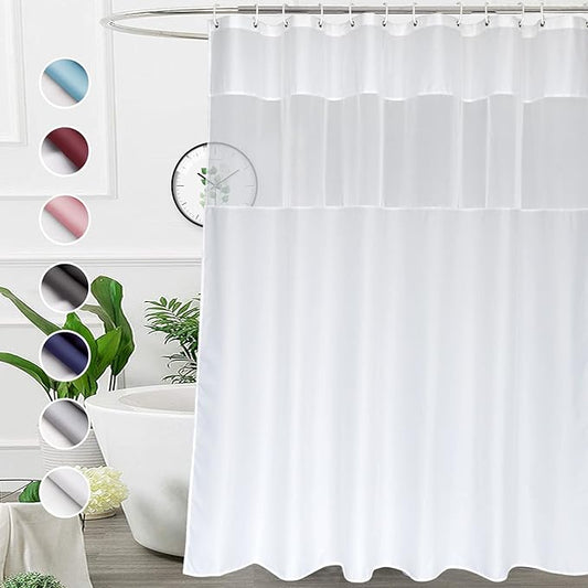 UFRIDAY Long White Shower Curtains 72 x 75 inches, Modern Water Repellent Cloth Polyester Fabric Shower Curtains for Bathroom with See Through Top Window